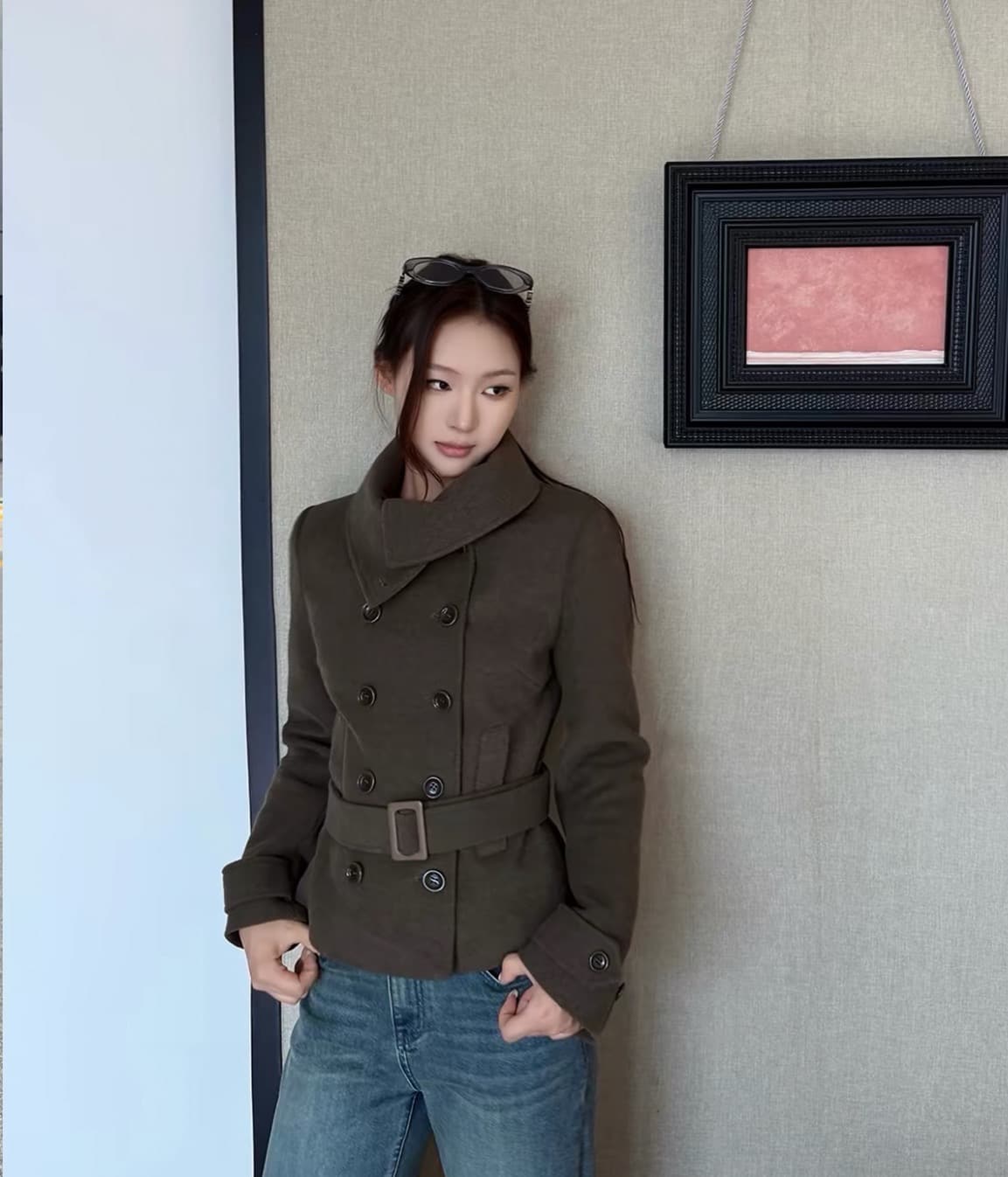 한국 chic 겨울 새로운 고급 센스 벨트 슬림해 보이는 이중 버튼 두꺼운 모직 외투 상세 이미지 4