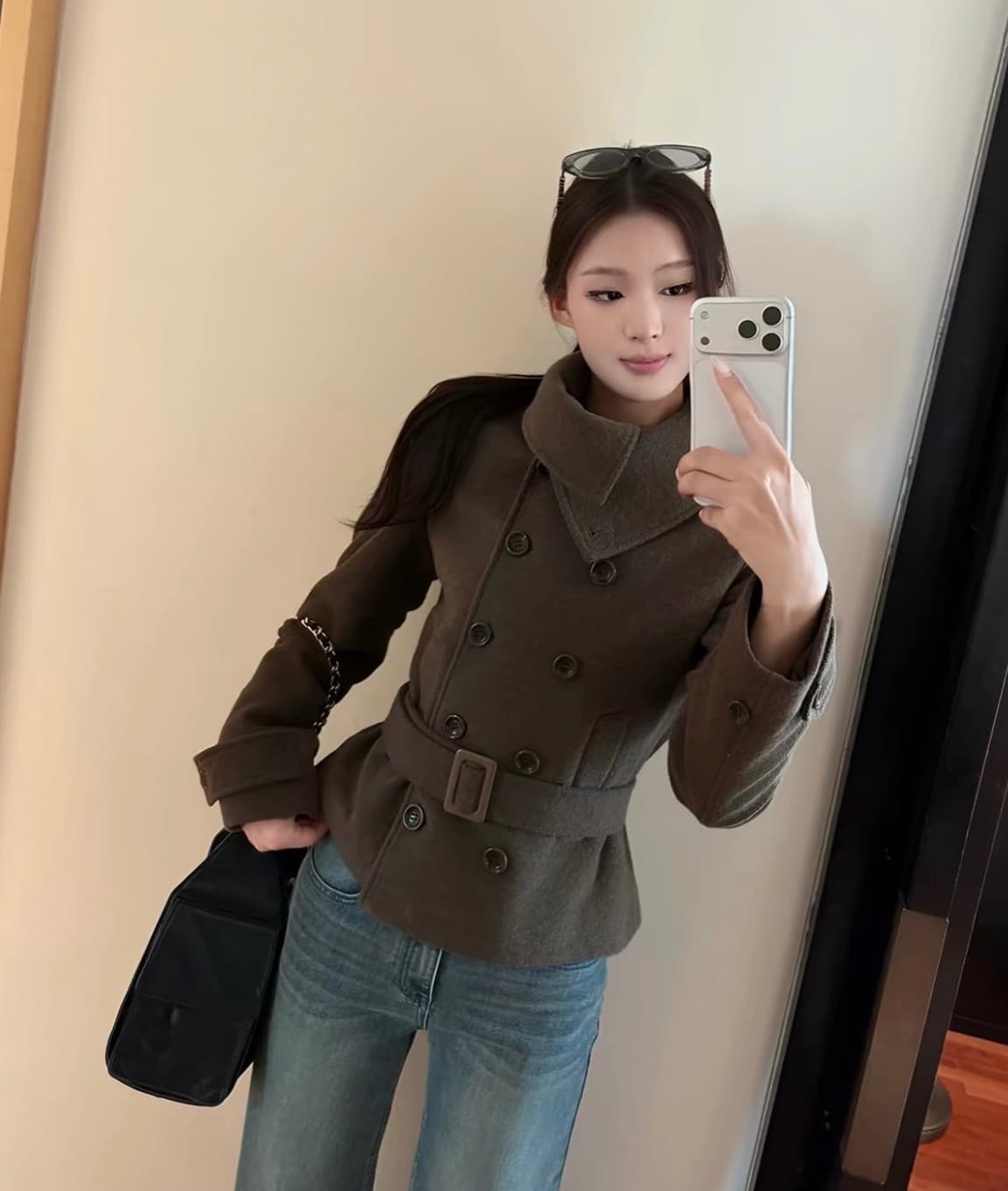 한국 chic 겨울 새로운 고급 센스 벨트 슬림해 보이는 이중 버튼 두꺼운 모직 외투 상세 이미지 9