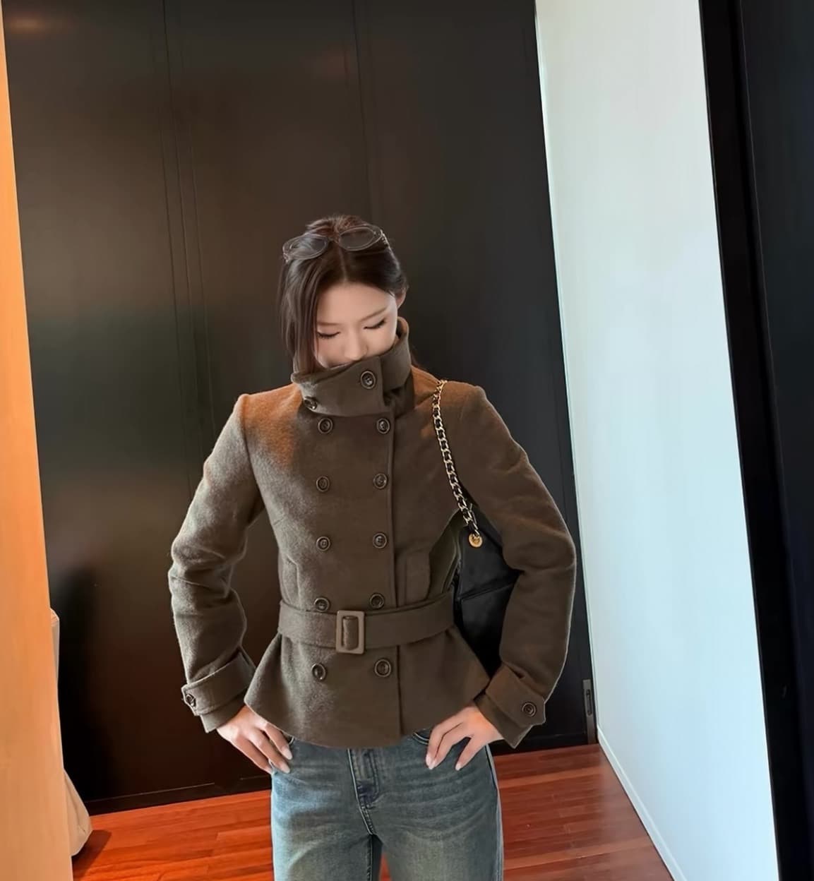 한국 chic 겨울 새로운 고급 센스 벨트 슬림해 보이는 이중 버튼 두꺼운 모직 외투 상세 이미지 20