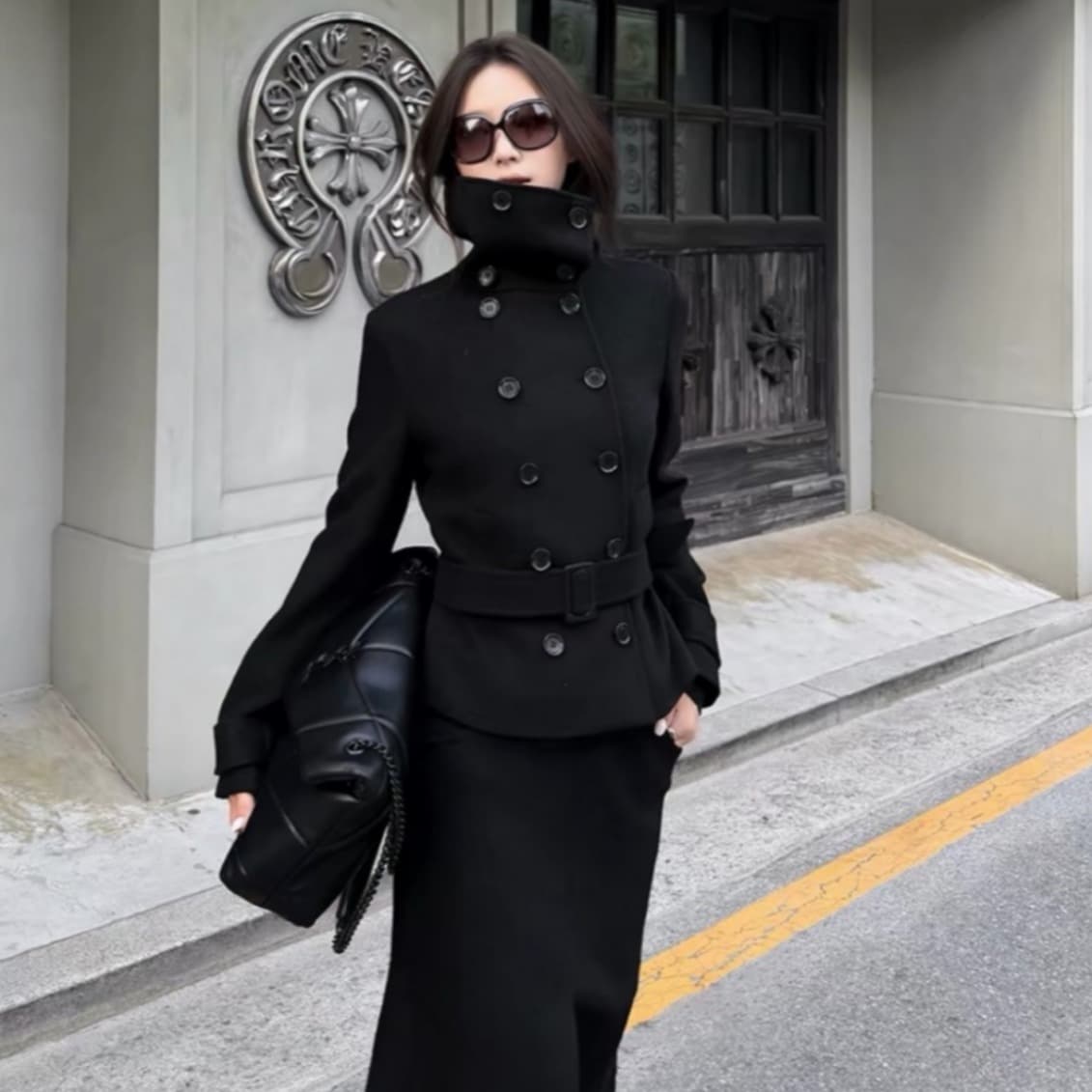 한국 chic 겨울 새로운 고급 센스 벨트 슬림해 보이는 이중 버튼 두꺼운 모직 외투