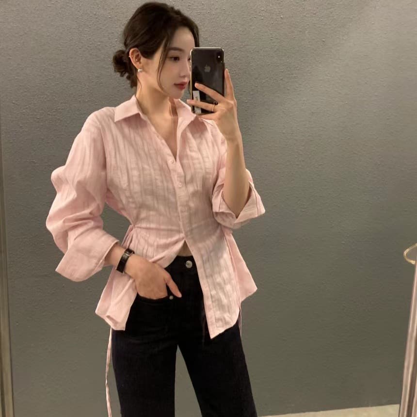 있음 선적 사이즈 업데이트 chic 가을 겨울 새로운 스트라이프 폴로 칼라 레이스업 긴팔 셔츠 여성 몸매 가꾸기 슬림해 보이는 셔츠