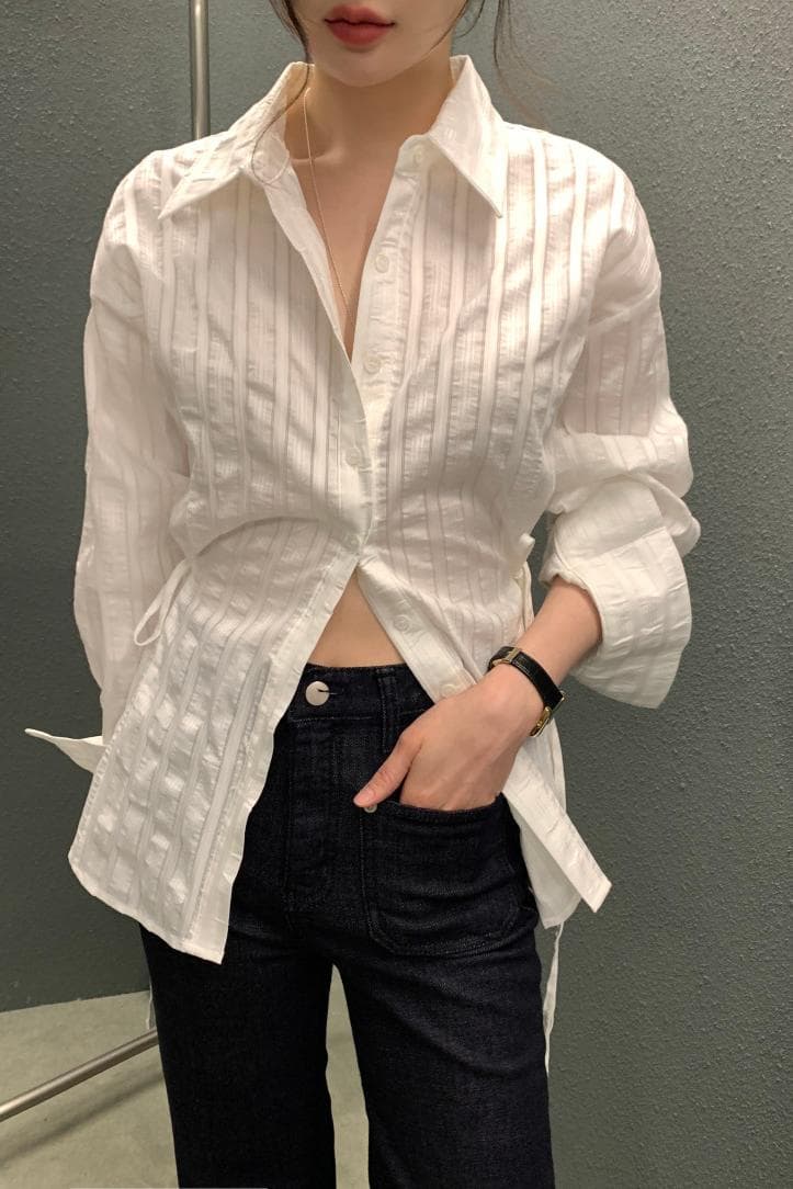 있음 선적 사이즈 업데이트 chic 가을 겨울 새로운 스트라이프 폴로 칼라 레이스업 긴팔 셔츠 여성 몸매 가꾸기 슬림해 보이는 셔츠 이미지 2