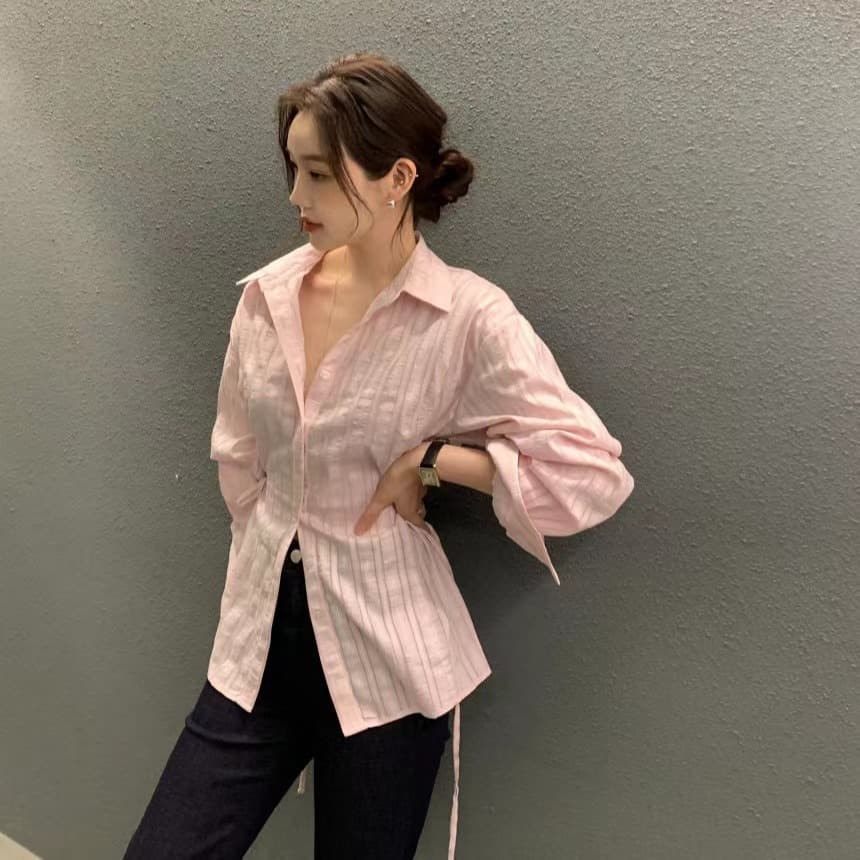 있음 선적 사이즈 업데이트 chic 가을 겨울 새로운 스트라이프 폴로 칼라 레이스업 긴팔 셔츠 여성 몸매 가꾸기 슬림해 보이는 셔츠 이미지 5