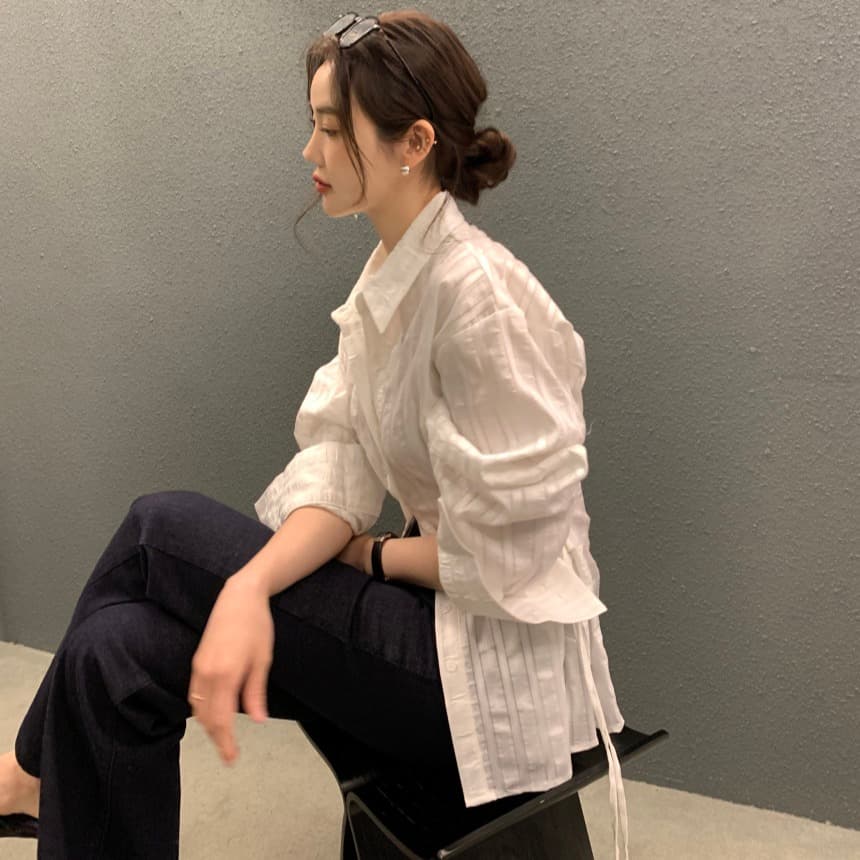 있음 선적 사이즈 업데이트 chic 가을 겨울 새로운 스트라이프 폴로 칼라 레이스업 긴팔 셔츠 여성 몸매 가꾸기 슬림해 보이는 셔츠 이미지 3