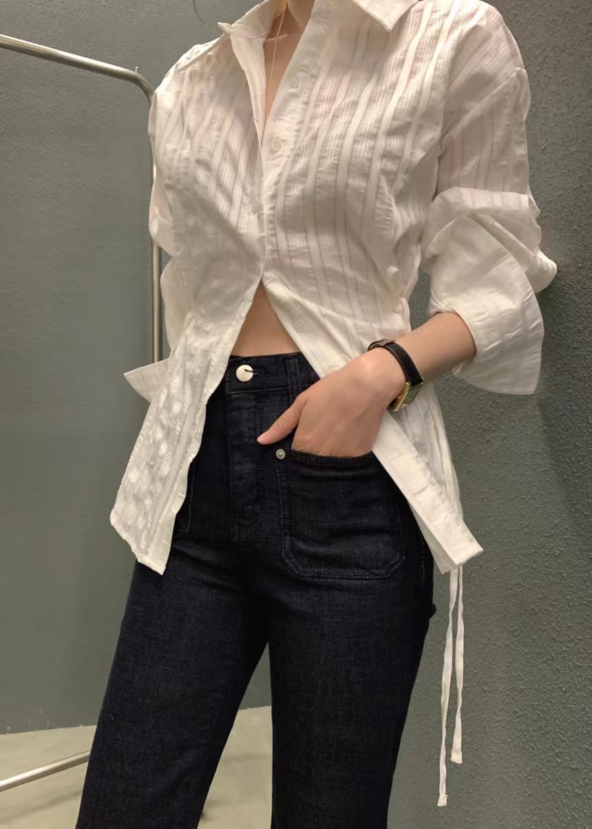 있음 선적 사이즈 업데이트 chic 가을 겨울 새로운 스트라이프 폴로 칼라 레이스업 긴팔 셔츠 여성 몸매 가꾸기 슬림해 보이는 셔츠 상세 이미지 8