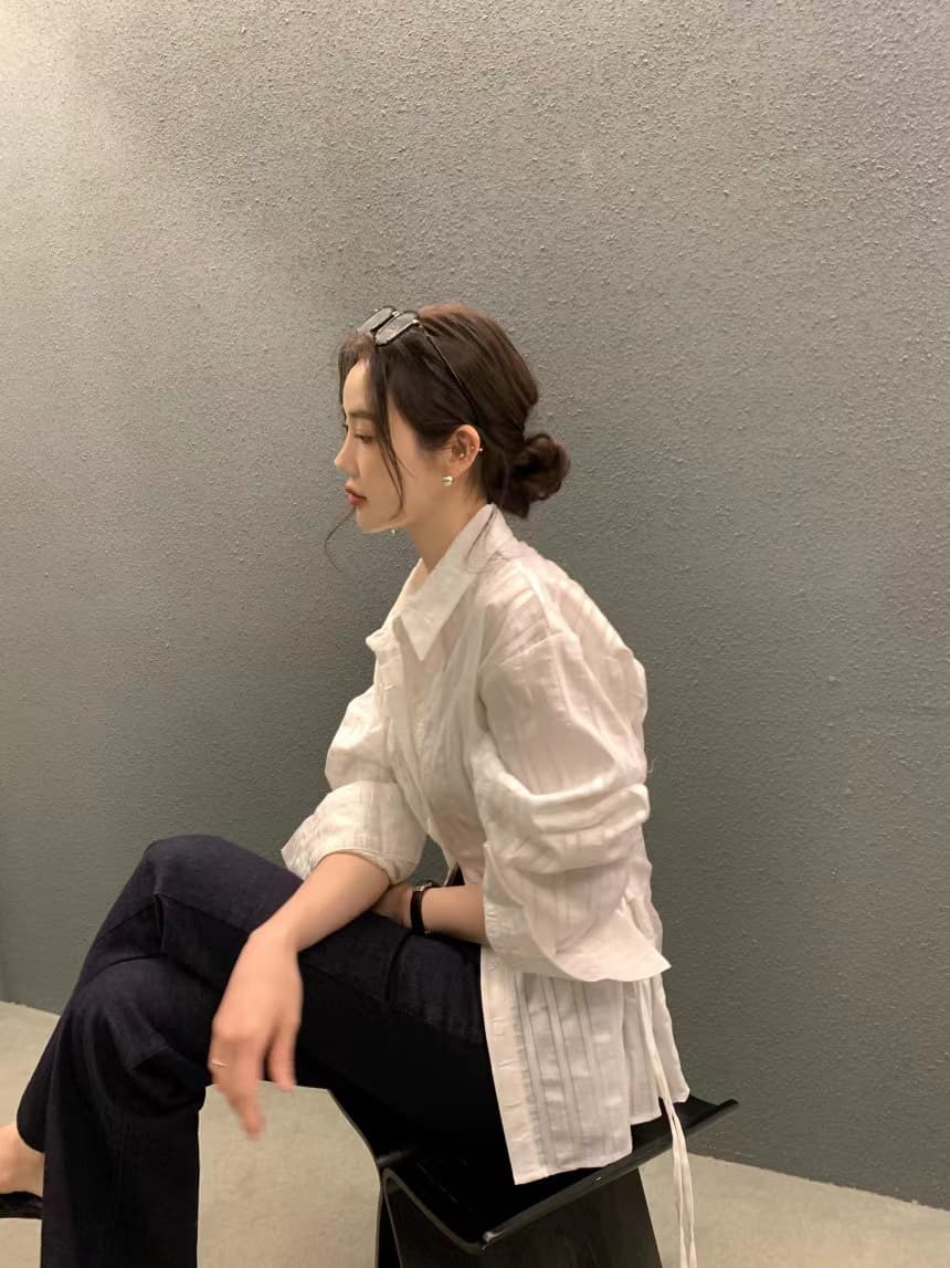 있음 선적 사이즈 업데이트 chic 가을 겨울 새로운 스트라이프 폴로 칼라 레이스업 긴팔 셔츠 여성 몸매 가꾸기 슬림해 보이는 셔츠 상세 이미지 10