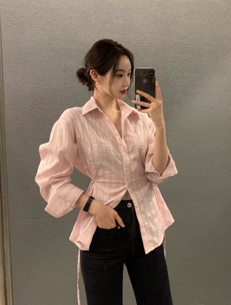 있음 선적 사이즈 업데이트 chic 가을 겨울 새로운 스트라이프 폴로 칼라 레이스업 긴팔 셔츠 여성 몸매 가꾸기 슬림해 보이는 셔츠 상세 이미지 12