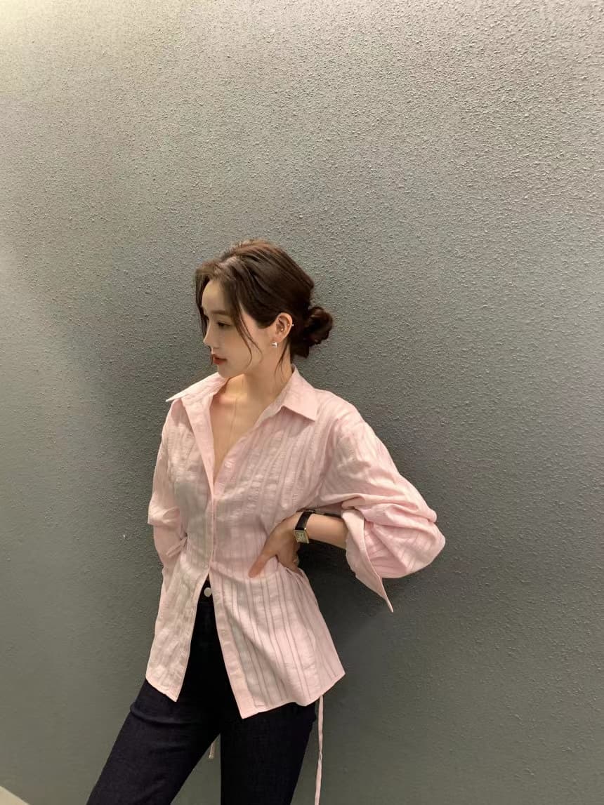 있음 선적 사이즈 업데이트 chic 가을 겨울 새로운 스트라이프 폴로 칼라 레이스업 긴팔 셔츠 여성 몸매 가꾸기 슬림해 보이는 셔츠 상세 이미지 13