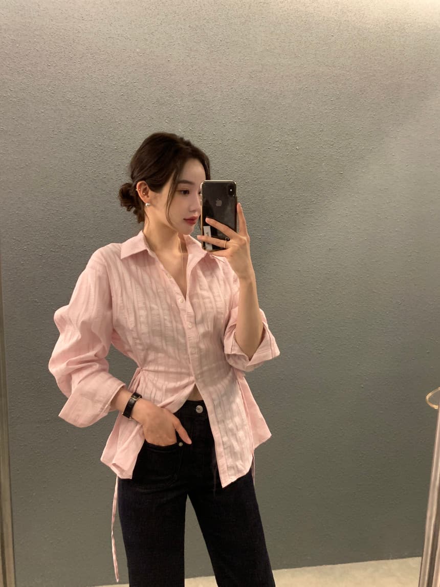 있음 선적 사이즈 업데이트 chic 가을 겨울 새로운 스트라이프 폴로 칼라 레이스업 긴팔 셔츠 여성 몸매 가꾸기 슬림해 보이는 셔츠 상세 이미지 15