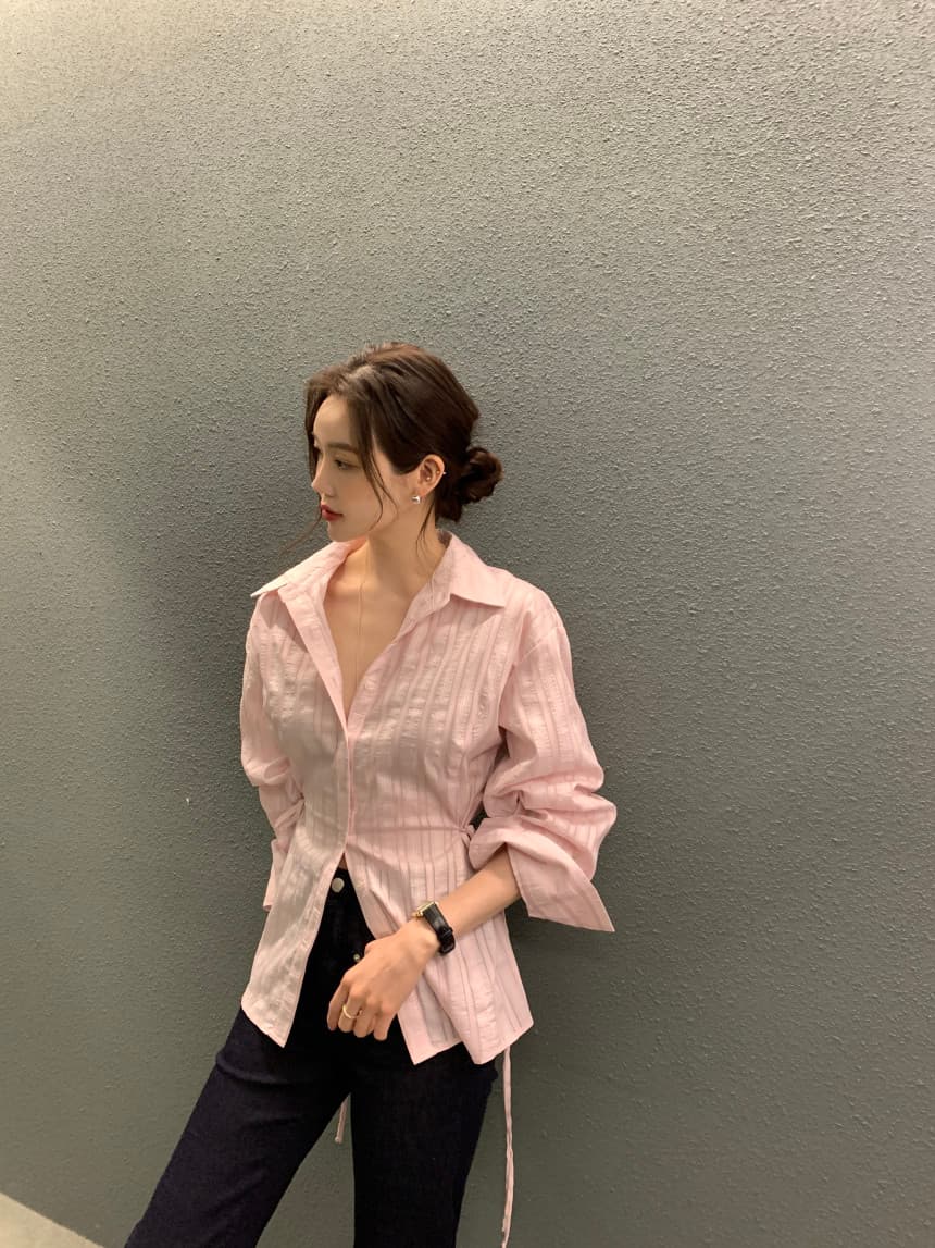 있음 선적 사이즈 업데이트 chic 가을 겨울 새로운 스트라이프 폴로 칼라 레이스업 긴팔 셔츠 여성 몸매 가꾸기 슬림해 보이는 셔츠 상세 이미지 16