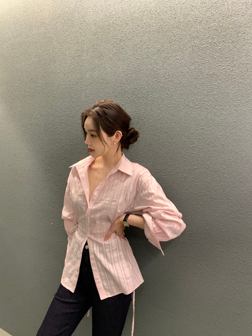 있음 선적 사이즈 업데이트 chic 가을 겨울 새로운 스트라이프 폴로 칼라 레이스업 긴팔 셔츠 여성 몸매 가꾸기 슬림해 보이는 셔츠 상세 이미지 17