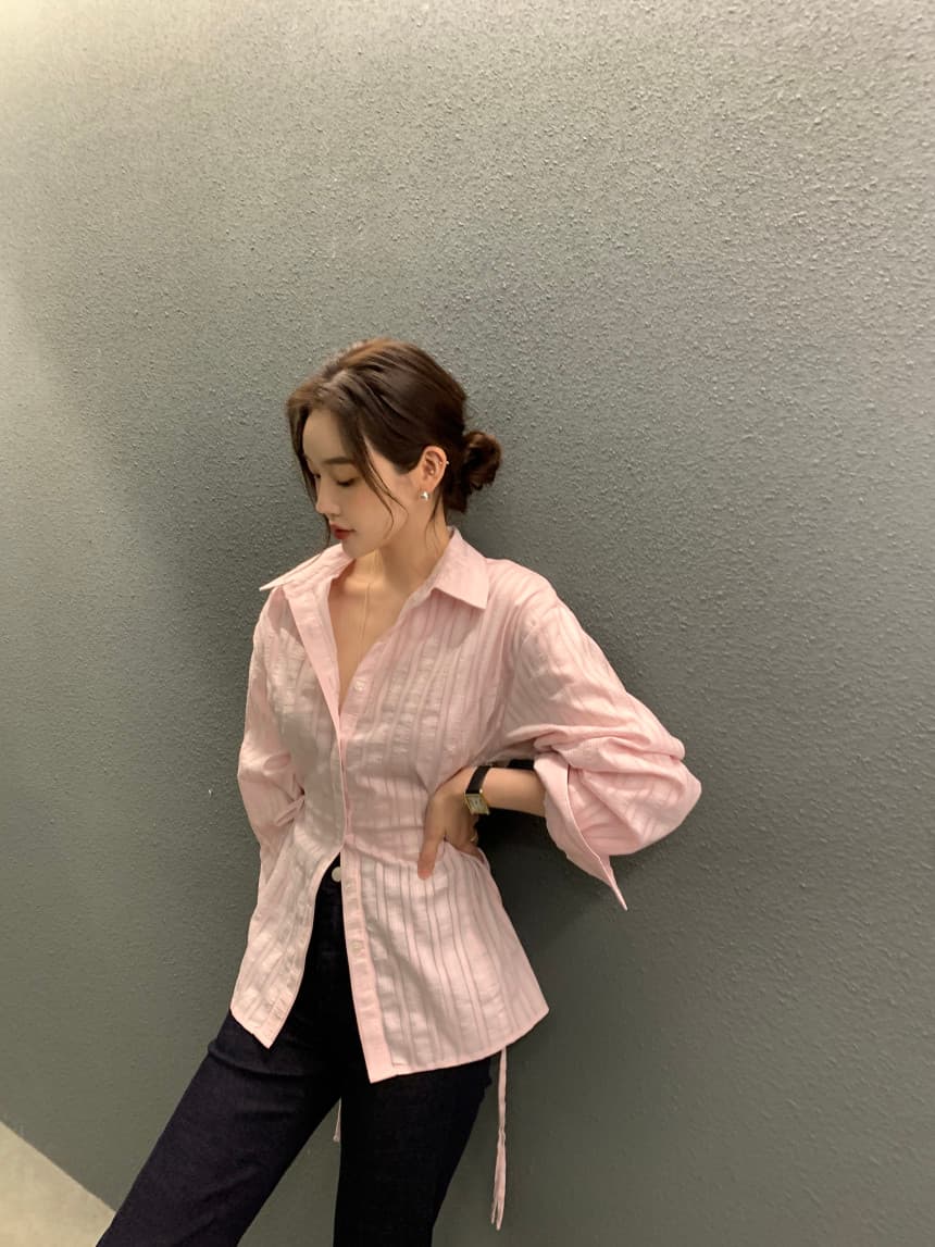 있음 선적 사이즈 업데이트 chic 가을 겨울 새로운 스트라이프 폴로 칼라 레이스업 긴팔 셔츠 여성 몸매 가꾸기 슬림해 보이는 셔츠 상세 이미지 19