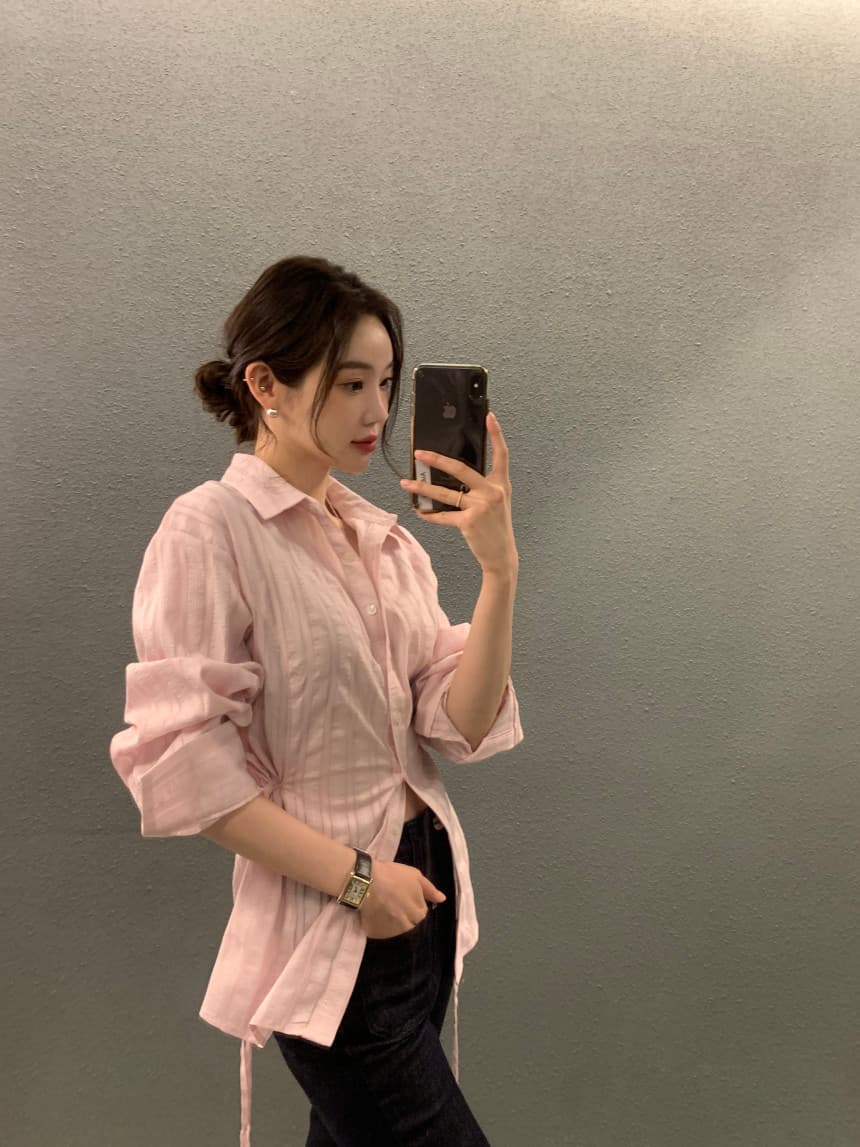 있음 선적 사이즈 업데이트 chic 가을 겨울 새로운 스트라이프 폴로 칼라 레이스업 긴팔 셔츠 여성 몸매 가꾸기 슬림해 보이는 셔츠 상세 이미지 20