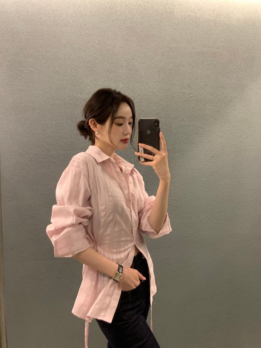 있음 선적 사이즈 업데이트 chic 가을 겨울 새로운 스트라이프 폴로 칼라 레이스업 긴팔 셔츠 여성 몸매 가꾸기 슬림해 보이는 셔츠 상세 이미지 21