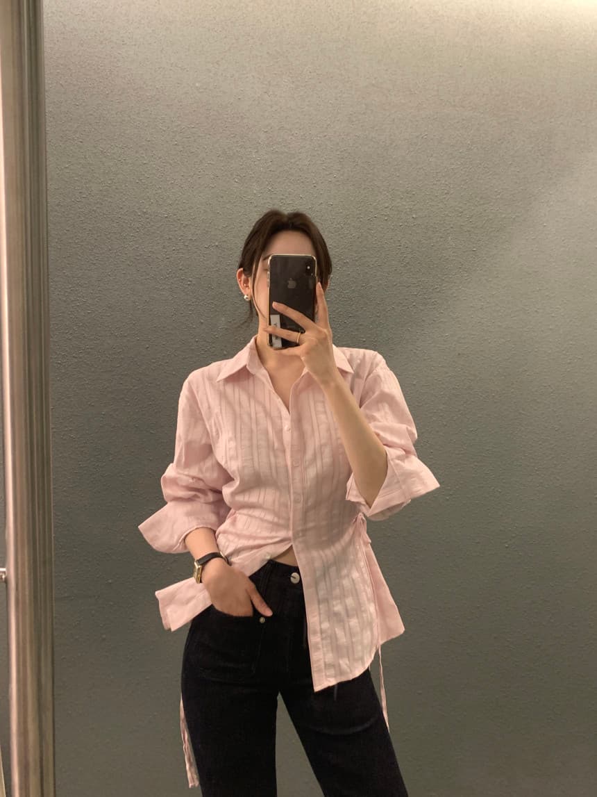 있음 선적 사이즈 업데이트 chic 가을 겨울 새로운 스트라이프 폴로 칼라 레이스업 긴팔 셔츠 여성 몸매 가꾸기 슬림해 보이는 셔츠 상세 이미지 22