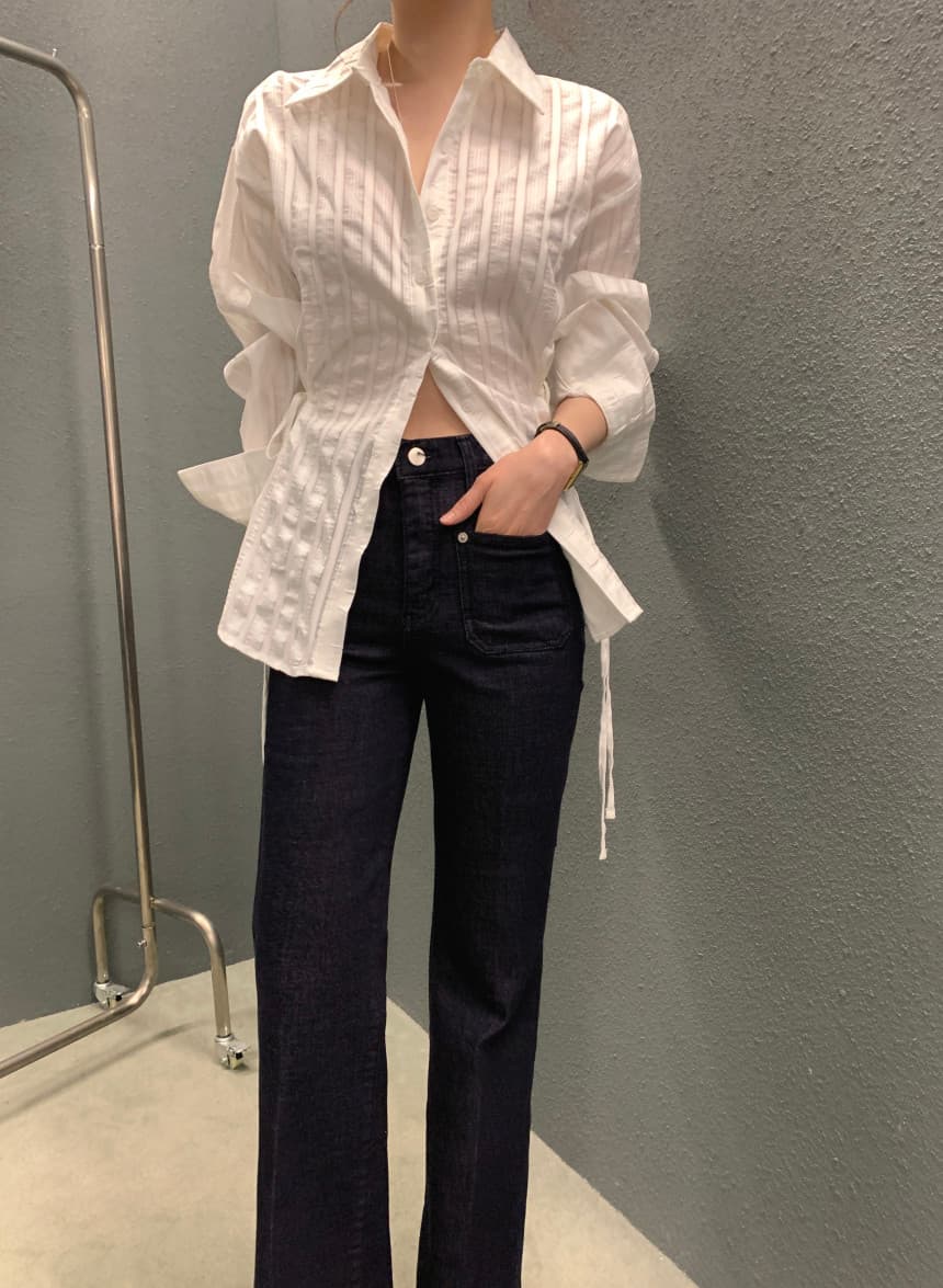 있음 선적 사이즈 업데이트 chic 가을 겨울 새로운 스트라이프 폴로 칼라 레이스업 긴팔 셔츠 여성 몸매 가꾸기 슬림해 보이는 셔츠 상세 이미지 26