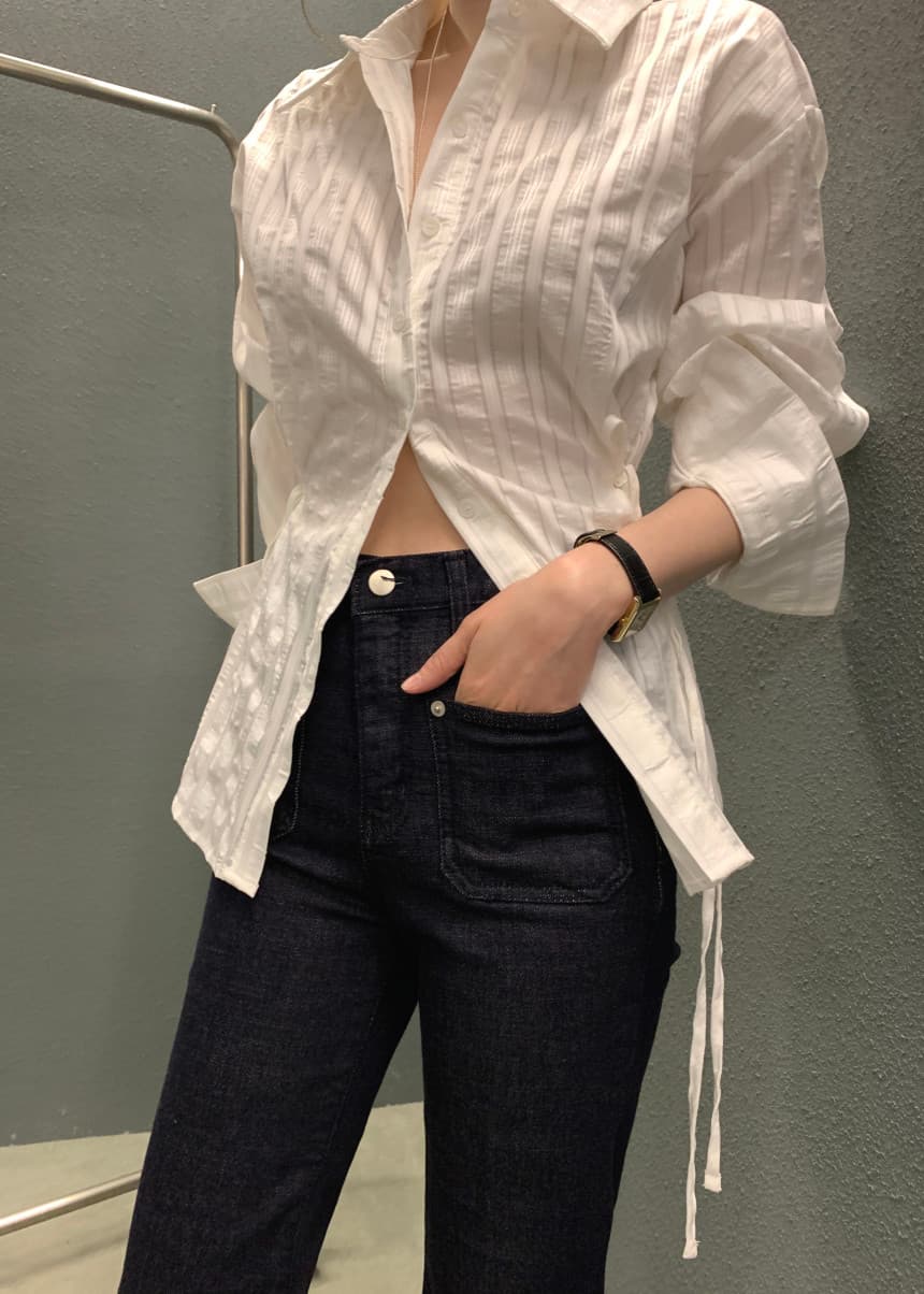 있음 선적 사이즈 업데이트 chic 가을 겨울 새로운 스트라이프 폴로 칼라 레이스업 긴팔 셔츠 여성 몸매 가꾸기 슬림해 보이는 셔츠 상세 이미지 28