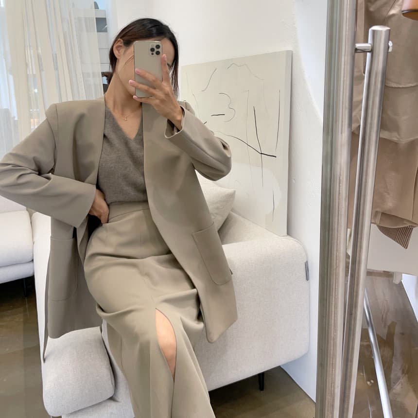 있음 선적 사이즈 업데이트 한국 chic 가을 겨울 V넥 레이스업 블레이저 하이웨이스트 트임 반 스커트 세트 이미지 2