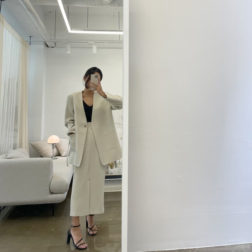 있음 선적 사이즈 업데이트 한국 chic 가을 겨울 V넥 레이스업 블레이저 하이웨이스트 트임 반 스커트 세트 상세 이미지 9