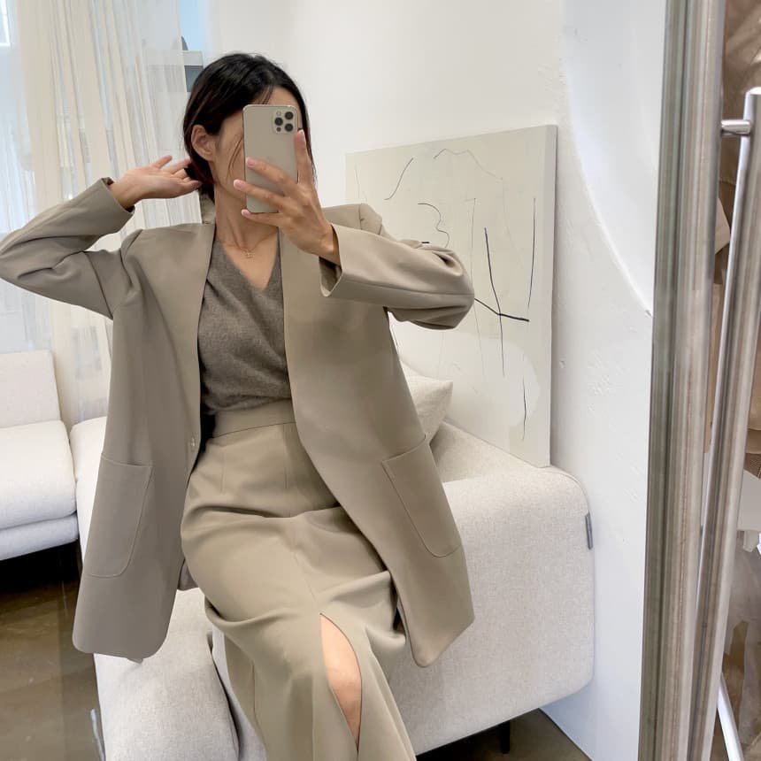 있음 선적 사이즈 업데이트 한국 chic 가을 겨울 V넥 레이스업 블레이저 하이웨이스트 트임 반 스커트 세트 상세 이미지 22