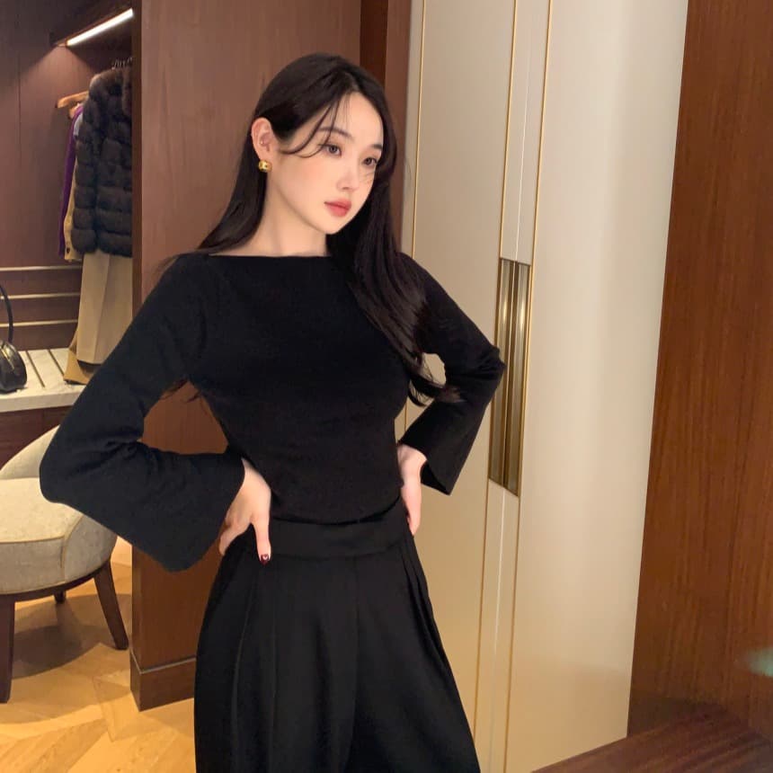 있음 선적 사이즈 업데이트 한국 chic 가을 한국 스타일 레트로 스트라이프 나팔 소매 니트 스웨터 여성 몸매 가꾸기 맨위 이미지 4