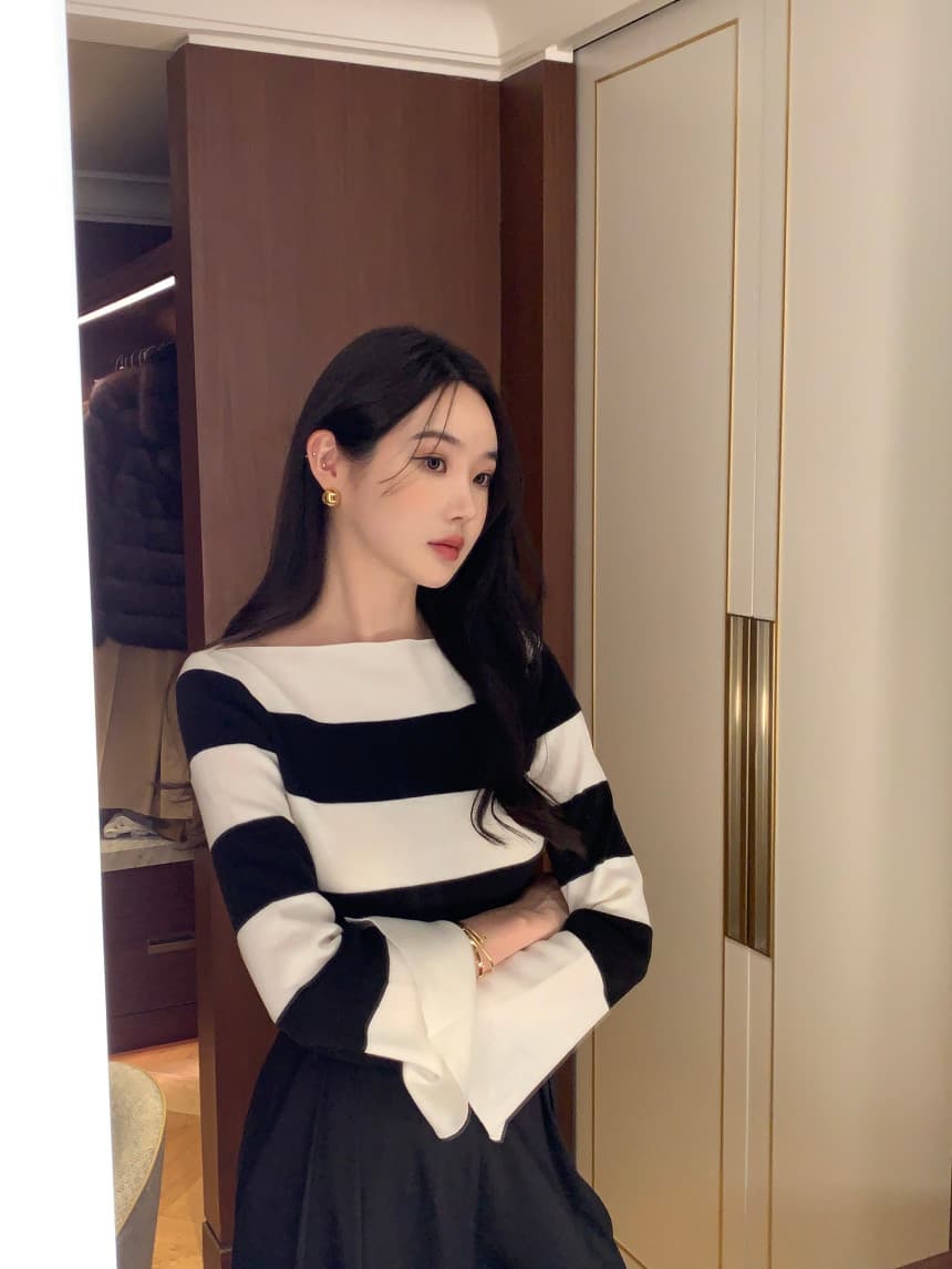 있음 선적 사이즈 업데이트 한국 chic 가을 한국 스타일 레트로 스트라이프 나팔 소매 니트 스웨터 여성 몸매 가꾸기 맨위 상세 이미지 38