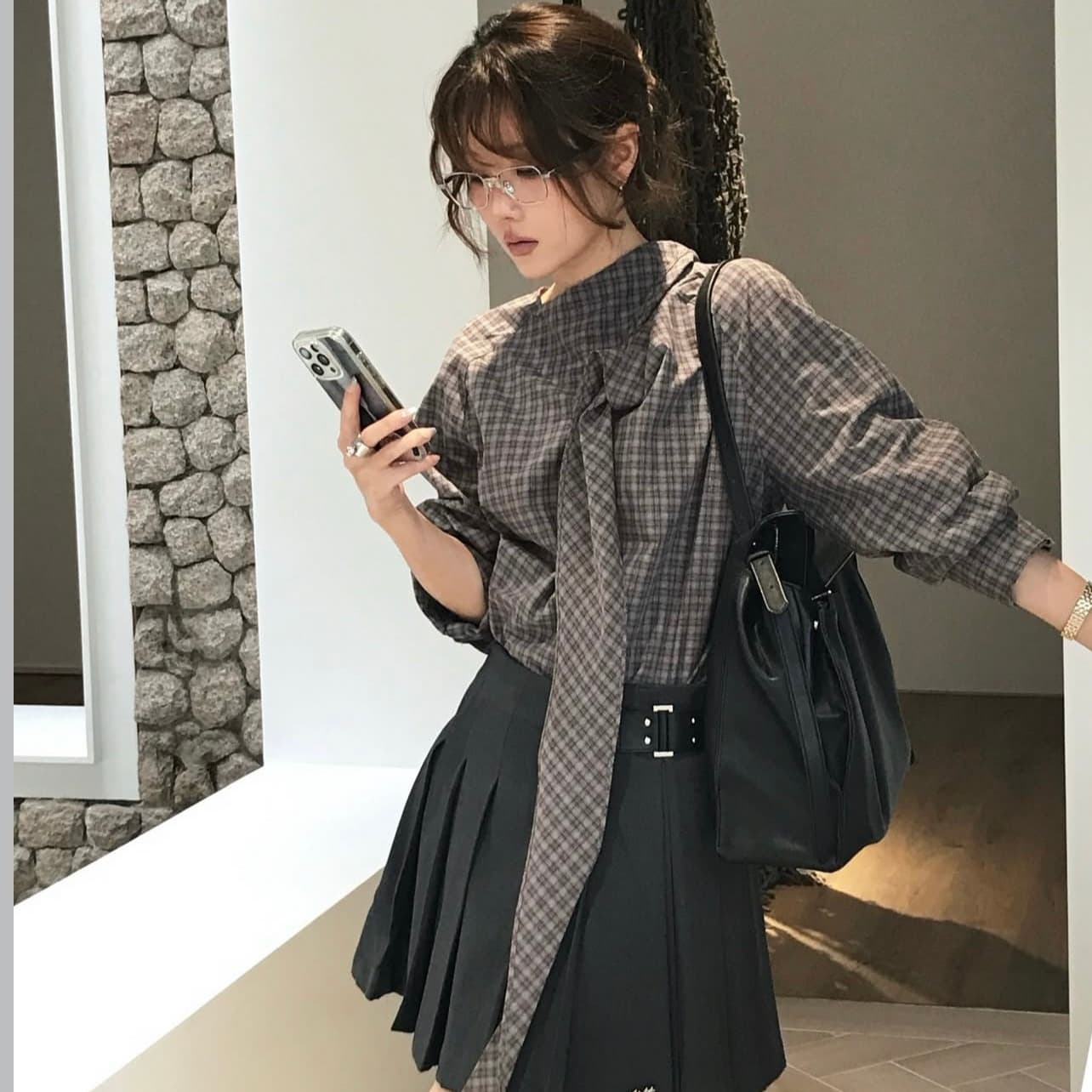 있음 선적 사이즈 업데이트 한국 chic 가을 겨울 새로운 한 부서 레트로 체크무늬 리본 다용도 바지를 입는 셔츠