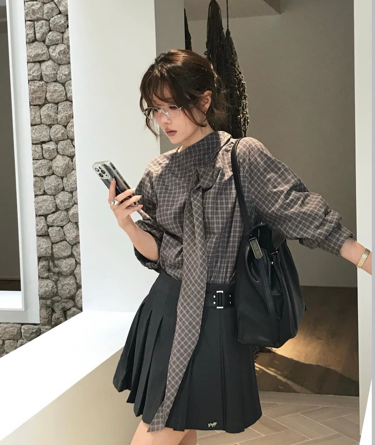 있음 선적 사이즈 업데이트 한국 chic 가을 겨울 새로운 한 부서 레트로 체크무늬 리본 다용도 바지를 입는 셔츠 상세 이미지 2