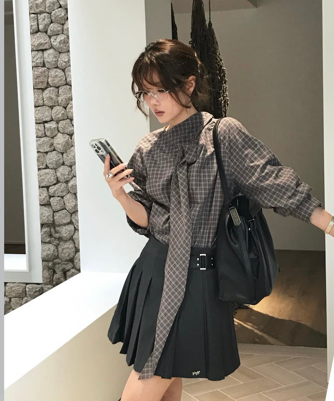 있음 선적 사이즈 업데이트 한국 chic 가을 겨울 새로운 한 부서 레트로 체크무늬 리본 다용도 바지를 입는 셔츠 상세 이미지 4