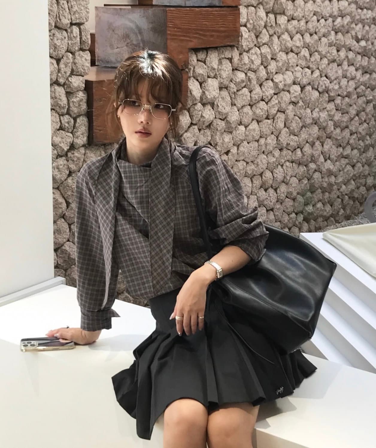 있음 선적 사이즈 업데이트 한국 chic 가을 겨울 새로운 한 부서 레트로 체크무늬 리본 다용도 바지를 입는 셔츠 상세 이미지 5