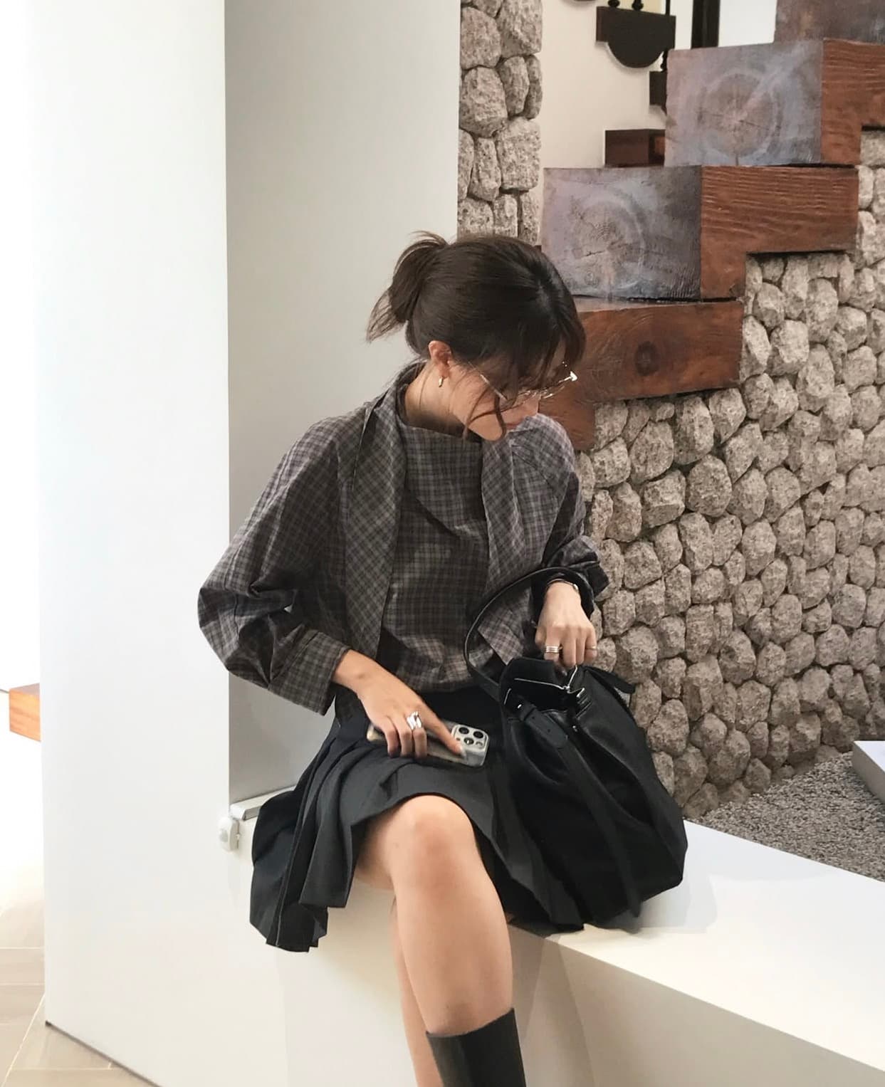 있음 선적 사이즈 업데이트 한국 chic 가을 겨울 새로운 한 부서 레트로 체크무늬 리본 다용도 바지를 입는 셔츠 상세 이미지 10