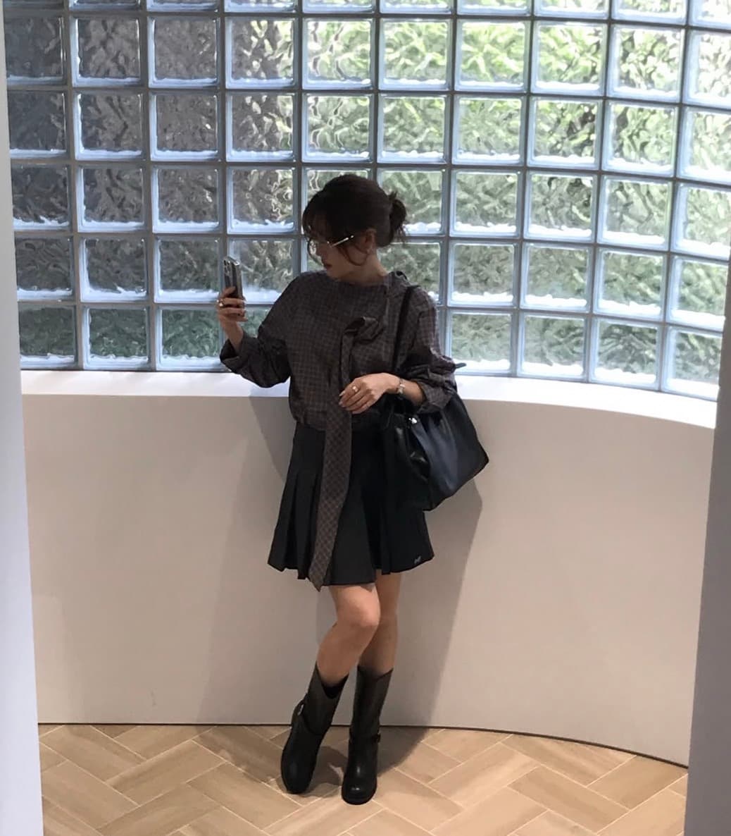 있음 선적 사이즈 업데이트 한국 chic 가을 겨울 새로운 한 부서 레트로 체크무늬 리본 다용도 바지를 입는 셔츠 상세 이미지 12