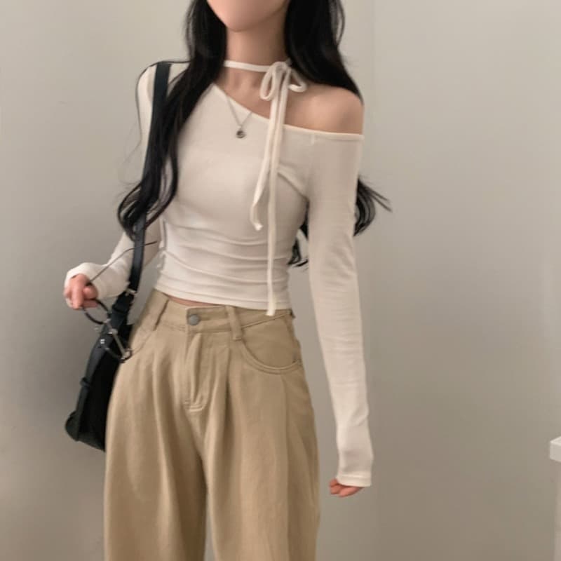 있음 선적 사이즈 업데이트 한국 chic 가을 프랑스식 이슬 쇄골 레이스업 긴팔 티셔츠 몸매 가꾸기 만나는 맨위 이미지 5