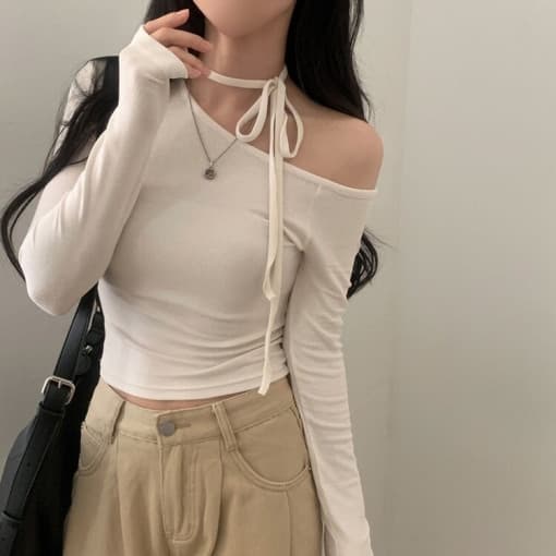 있음 선적 사이즈 업데이트 한국 chic 가을 프랑스식 이슬 쇄골 레이스업 긴팔 티셔츠 몸매 가꾸기 만나는 맨위 상세 이미지 1
