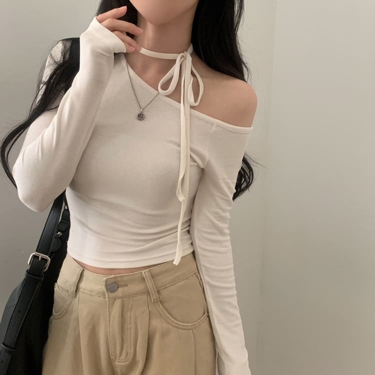 있음 선적 사이즈 업데이트 한국 chic 가을 프랑스식 이슬 쇄골 레이스업 긴팔 티셔츠 몸매 가꾸기 만나는 맨위 상세 이미지 2