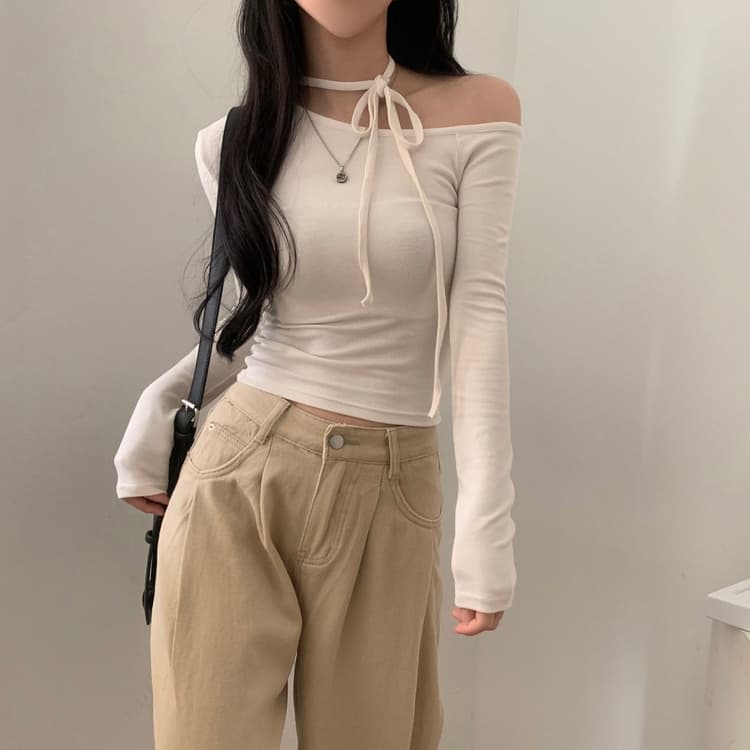 있음 선적 사이즈 업데이트 한국 chic 가을 프랑스식 이슬 쇄골 레이스업 긴팔 티셔츠 몸매 가꾸기 만나는 맨위 상세 이미지 4