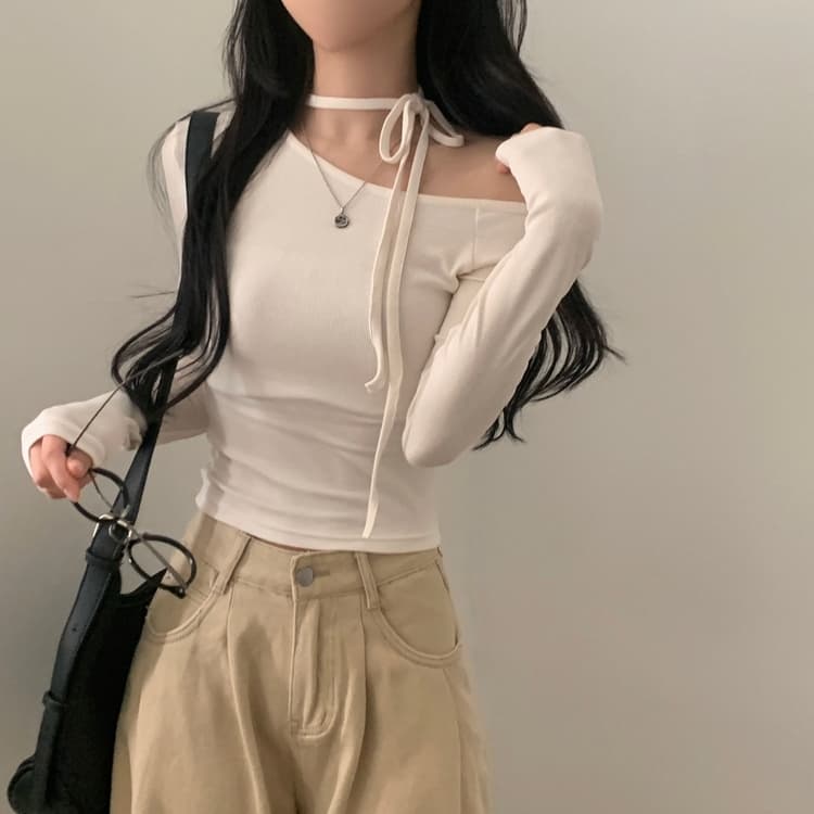 있음 선적 사이즈 업데이트 한국 chic 가을 프랑스식 이슬 쇄골 레이스업 긴팔 티셔츠 몸매 가꾸기 만나는 맨위 상세 이미지 8