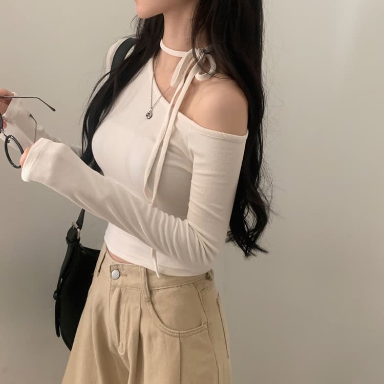 있음 선적 사이즈 업데이트 한국 chic 가을 프랑스식 이슬 쇄골 레이스업 긴팔 티셔츠 몸매 가꾸기 만나는 맨위 상세 이미지 9