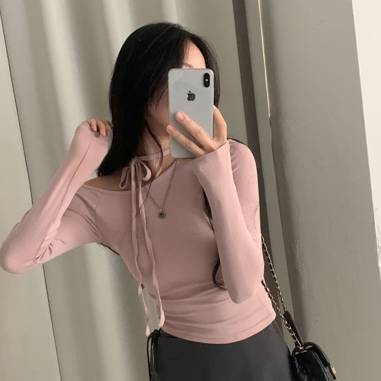 있음 선적 사이즈 업데이트 한국 chic 가을 프랑스식 이슬 쇄골 레이스업 긴팔 티셔츠 몸매 가꾸기 만나는 맨위 상세 이미지 15