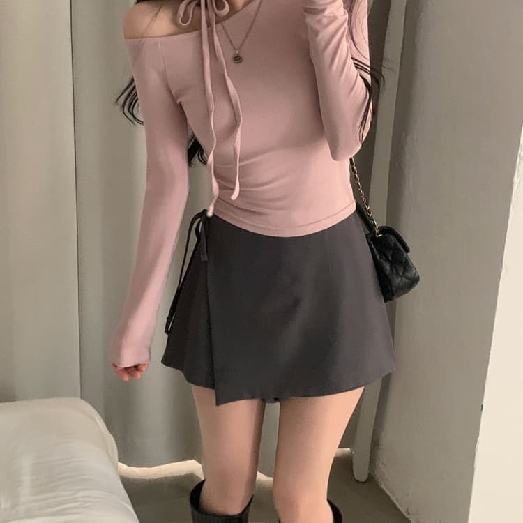 있음 선적 사이즈 업데이트 한국 chic 가을 프랑스식 이슬 쇄골 레이스업 긴팔 티셔츠 몸매 가꾸기 만나는 맨위 상세 이미지 23