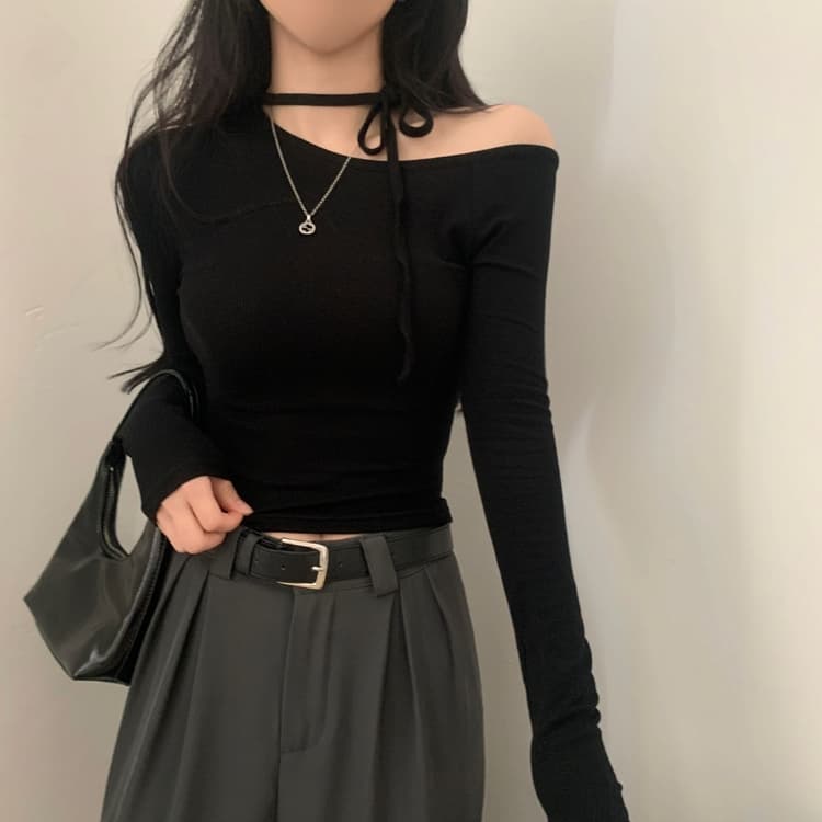 있음 선적 사이즈 업데이트 한국 chic 가을 프랑스식 이슬 쇄골 레이스업 긴팔 티셔츠 몸매 가꾸기 만나는 맨위 상세 이미지 26