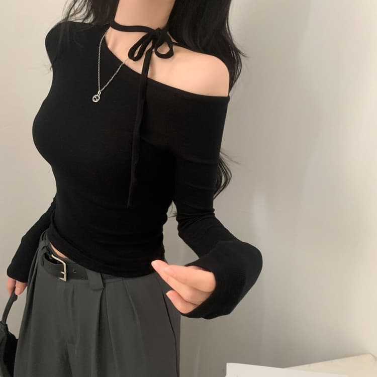있음 선적 사이즈 업데이트 한국 chic 가을 프랑스식 이슬 쇄골 레이스업 긴팔 티셔츠 몸매 가꾸기 만나는 맨위 상세 이미지 28