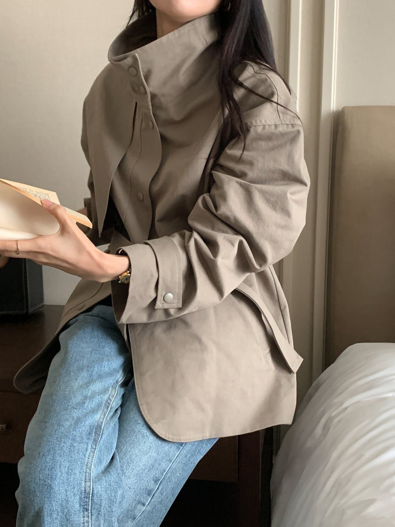 있음 선적 사이즈 업데이트 한국 chic 가을 새로운 스탠드 칼라 품격 레이스업 루즈핏 재킷 재킷 상세 이미지 19