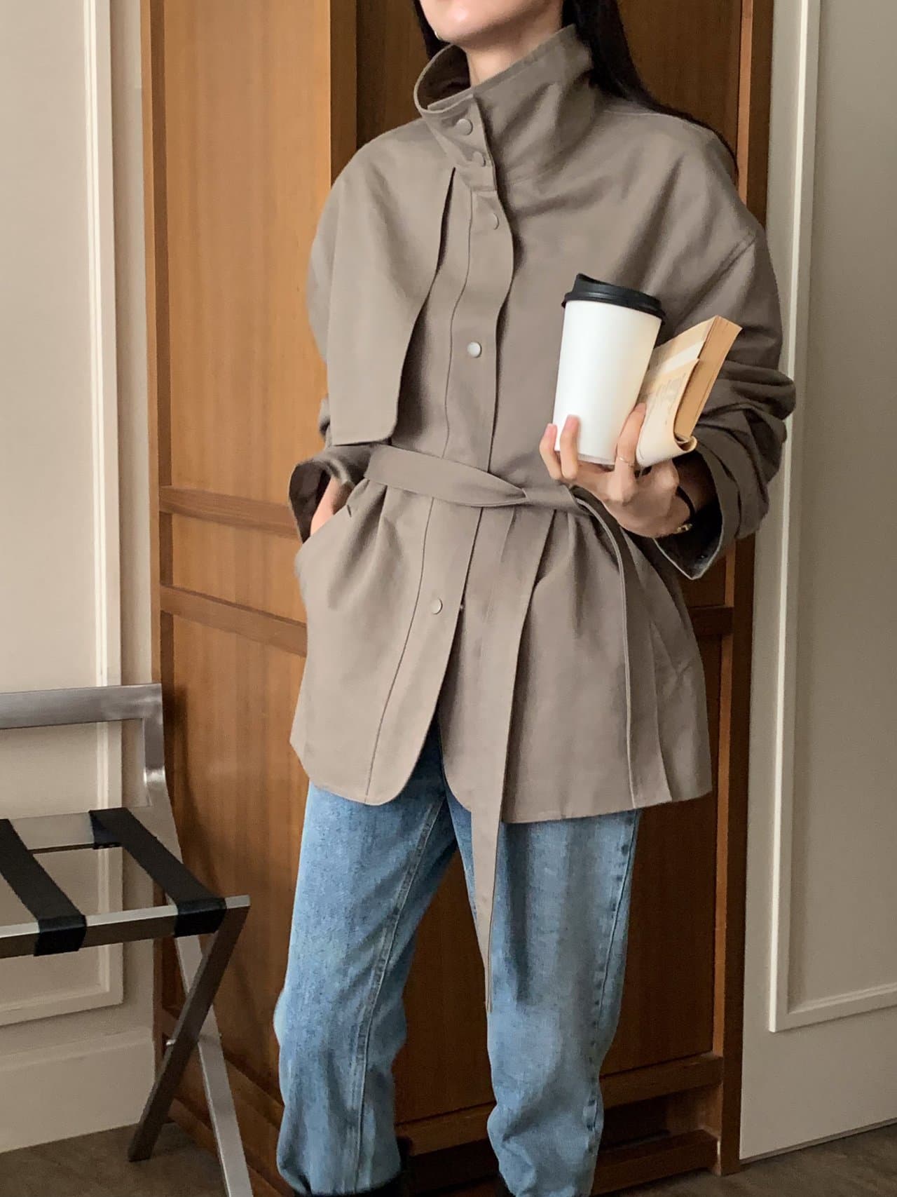 있음 선적 사이즈 업데이트 한국 chic 가을 새로운 스탠드 칼라 품격 레이스업 루즈핏 재킷 재킷 상세 이미지 22
