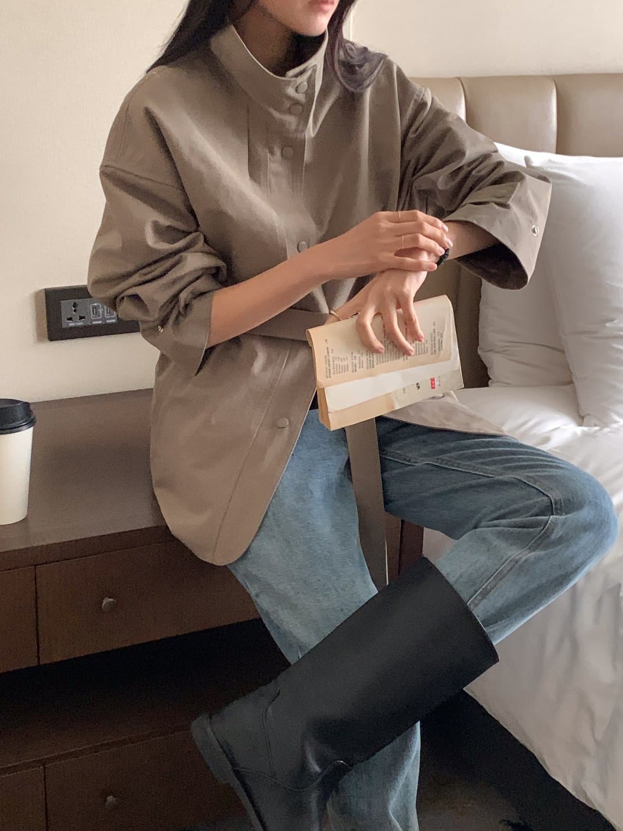 있음 선적 사이즈 업데이트 한국 chic 가을 새로운 스탠드 칼라 품격 레이스업 루즈핏 재킷 재킷 상세 이미지 24