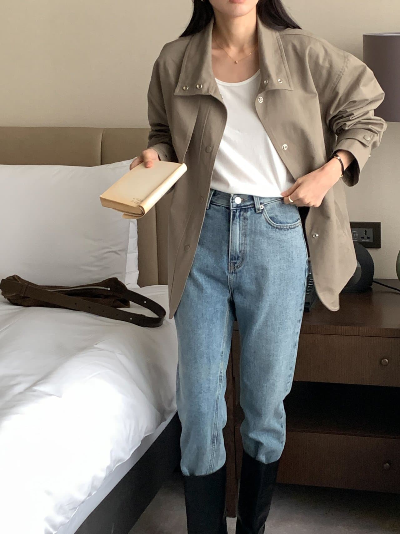 있음 선적 사이즈 업데이트 한국 chic 가을 새로운 스탠드 칼라 품격 레이스업 루즈핏 재킷 재킷 상세 이미지 27