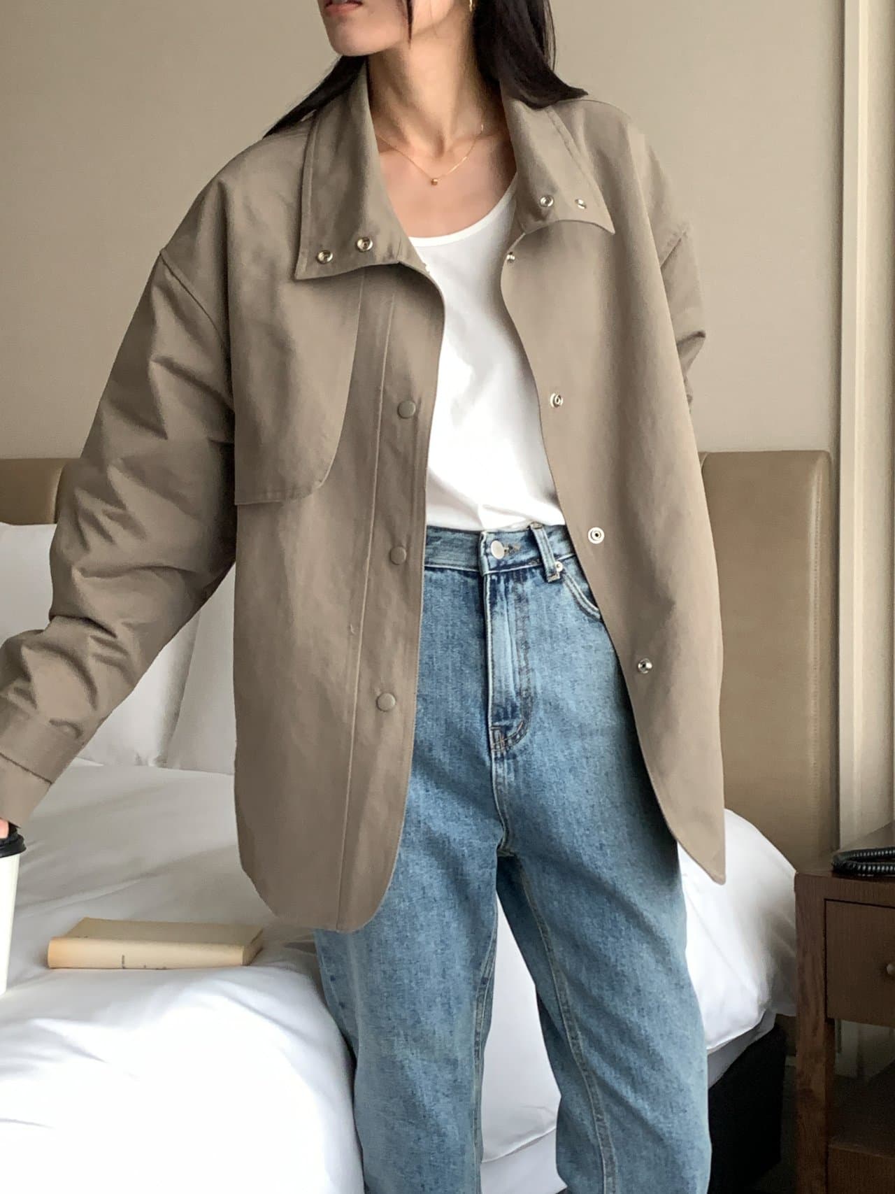 있음 선적 사이즈 업데이트 한국 chic 가을 새로운 스탠드 칼라 품격 레이스업 루즈핏 재킷 재킷 상세 이미지 28