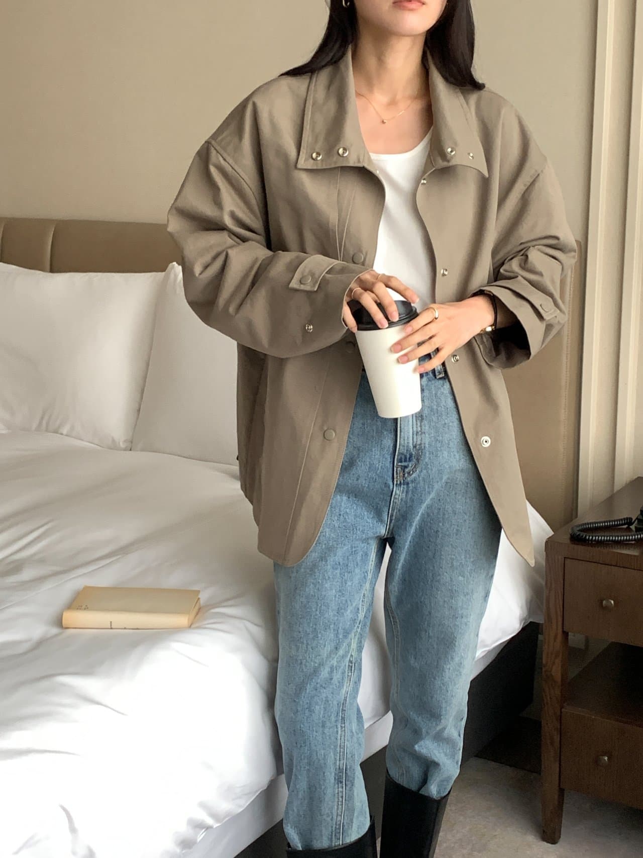 있음 선적 사이즈 업데이트 한국 chic 가을 새로운 스탠드 칼라 품격 레이스업 루즈핏 재킷 재킷 상세 이미지 29