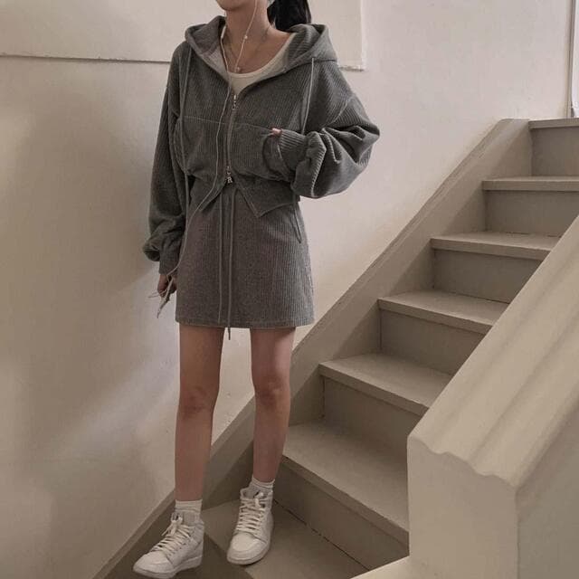 있음 선적 사이즈 업데이트 한국 chic 가을 겨울 레트로 후드 코듀로이 재킷 펌프 로프 반신 치마 세트 상세 이미지 16