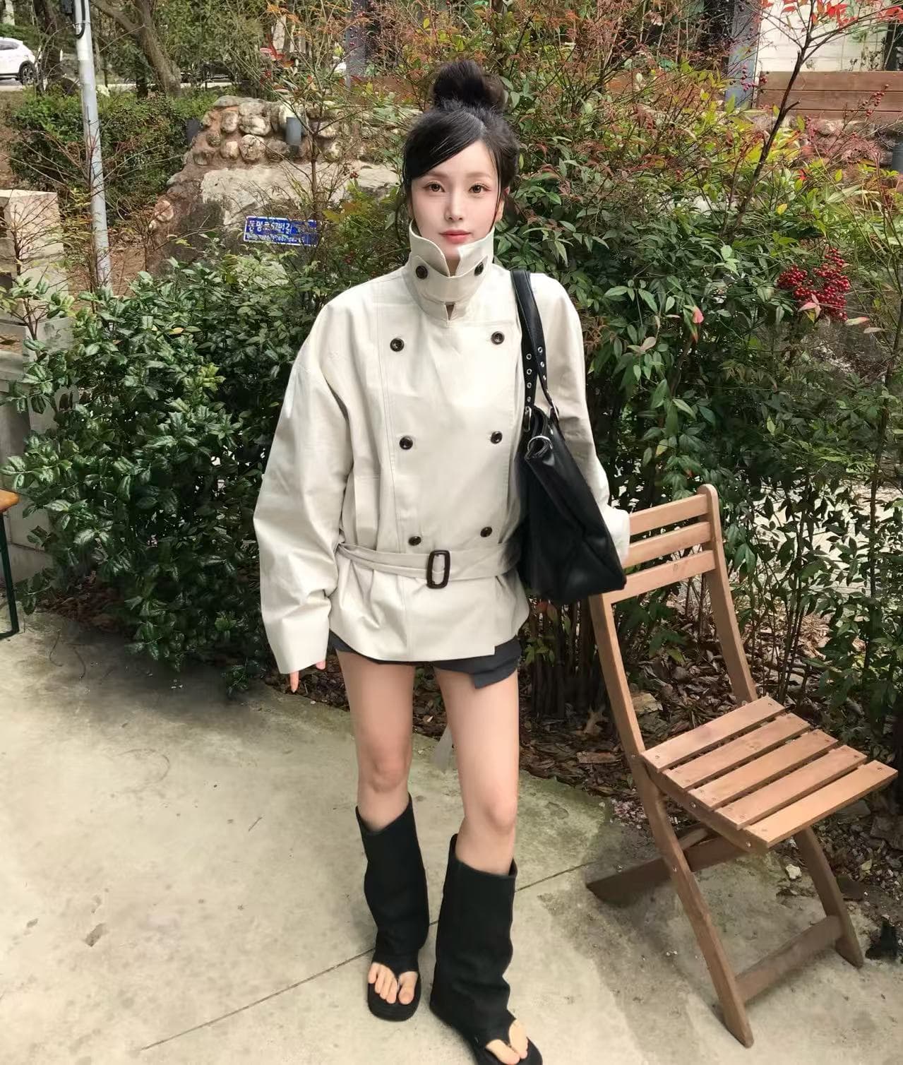 있음 선적 사이즈 업데이트 한국 chic 가을 겨울 새로운 한 부서 품격 벨트 포함 이중 버튼 재킷 상세 이미지 9